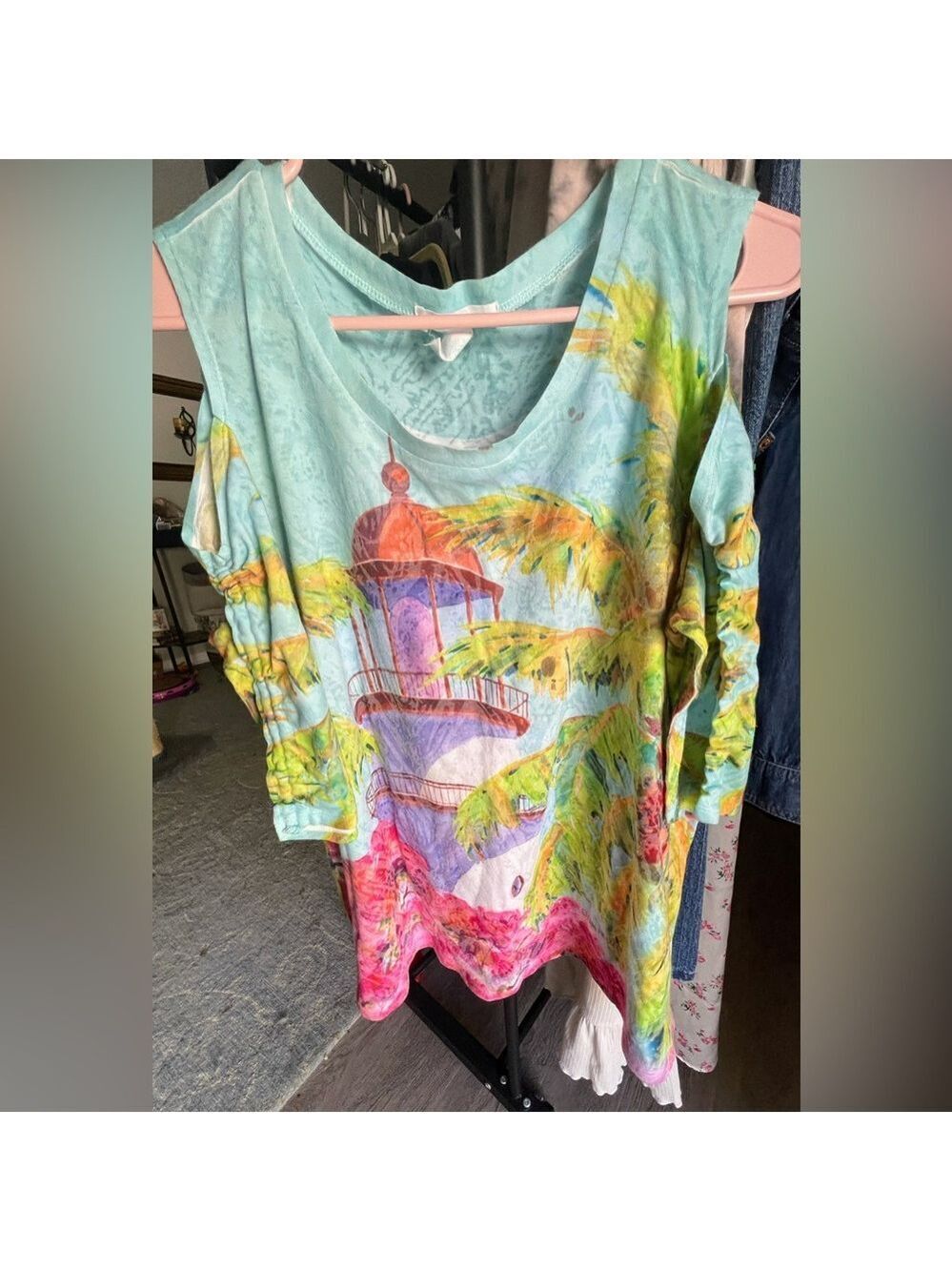 Ellen Negley Art & Sol Tropical Print Soft Cold-shoulder Top